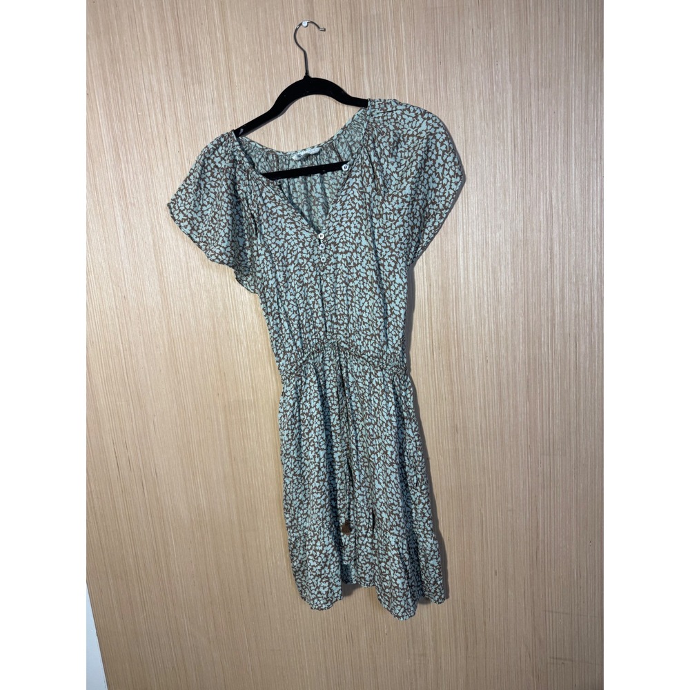 Omika Blue Brown Floral Modal Mini Dress Short Sleeve Ruffle Hem Pockets Small